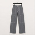 Women's Casual Mid Waist Cargo Jeans Stretch Button Wide Leg Denim Pants with Pockets - front view