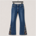 Women's Floral Embroidery Mid Waist High Stretch Bootcut Jeans with Pockets - front view