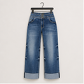 Women's High Waisted Stretchy Wide Leg Jeans Cuffed Baggy Jeans Loose Denim Pants - front view