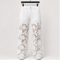 Women's High Waist Jeans Lace Spliced Stretchy Zipper Wide Leg Pants with Pockets Hollow-Out Baggy Jeans - front view