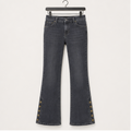 Women's Buttoned Hem Bootcut Jeans Without Belt Mid Waist Casual Pants Navy Blue - front view