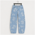Women's Mid Rise Baggy Barrel Jeans Floral Printed Wide Leg Y2k Boyfriend Jeans Denim Ankle Pants - front view