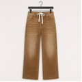 Women's Wide Leg Jeans High Waisted Stretchy Straight Leg Baggy Drawstring Denim Pants - front view