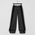 Womens Jeans with Patchwork Stripes High Waisted Stretchy Denim Color Block Straight Wide Leg Trendy Jean - front view