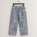 Women Boyfriend Baggy Barrel Jeans Floral Print Denim Ankle Pants Wide Leg Mid Rise Jeans Sweatpants Y2k Patchwork - front view